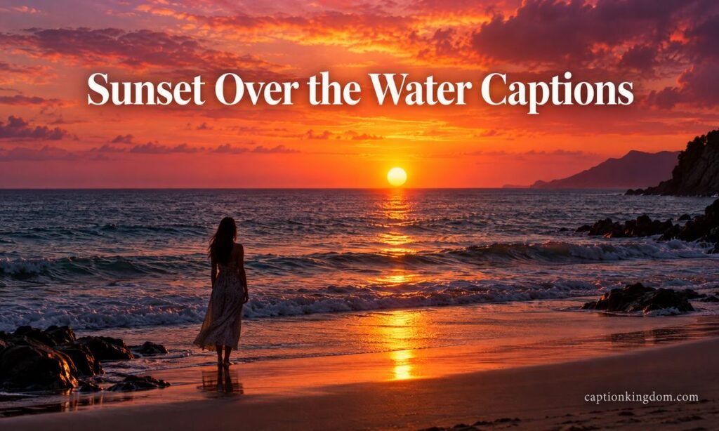 sunset over the water caption